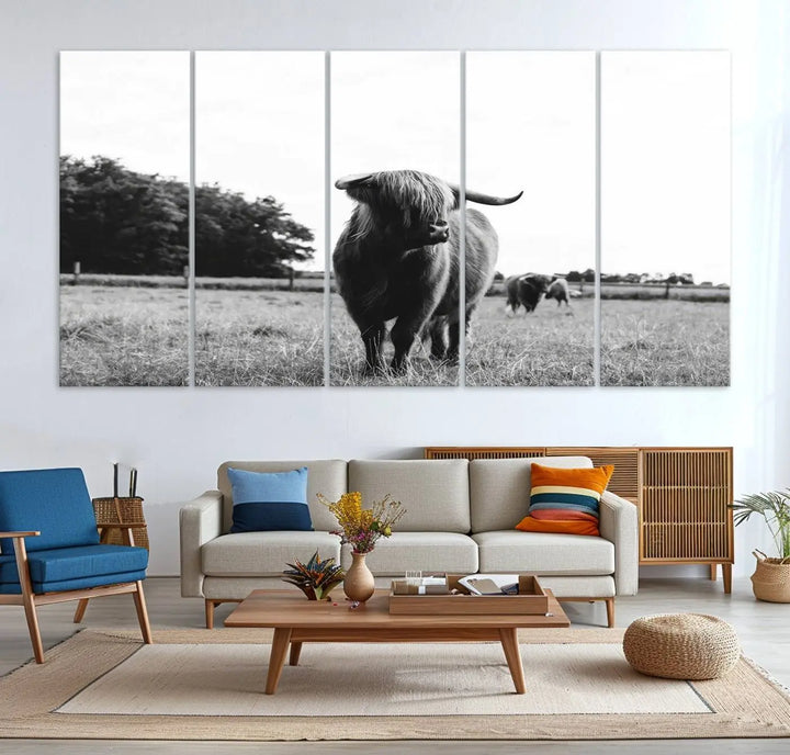 The Highland Cow Wall Art Canvas Print – Rustic Farmhouse Decor, ready to hang and split into three panels, adds charming rustic appeal.