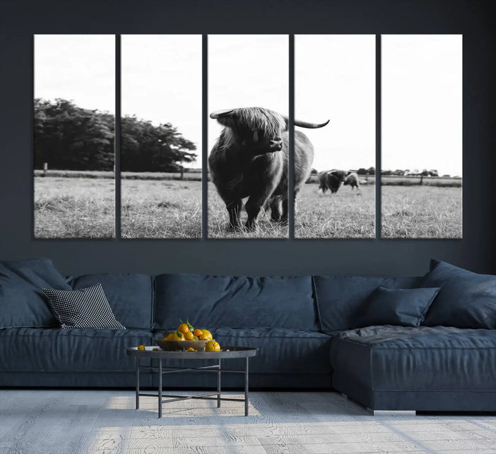 The Highland Cow Wall Art Canvas Print – Rustic Farmhouse Decor, ready to hang and split into three panels, adds charming rustic appeal.