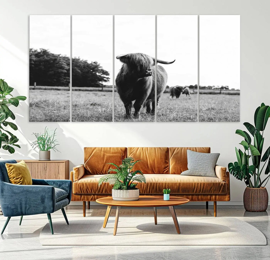 The Highland Cow Wall Art Canvas Print – Rustic Farmhouse Decor, ready to hang and split into three panels, adds charming rustic appeal.