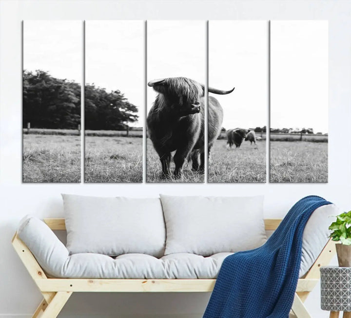 The Highland Cow Wall Art Canvas Print – Rustic Farmhouse Decor, ready to hang and split into three panels, adds charming rustic appeal.