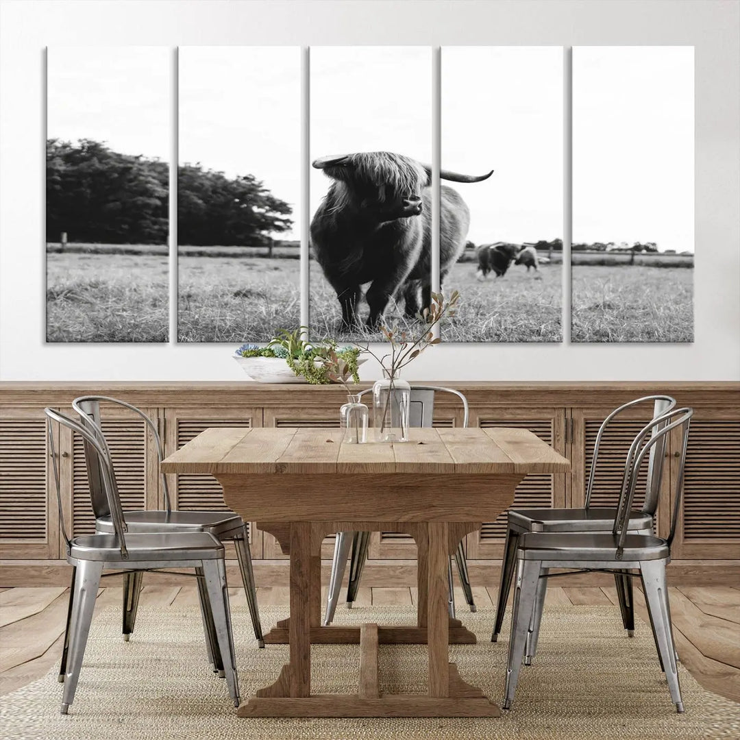 The Highland Cow Wall Art Canvas Print – Rustic Farmhouse Decor, ready to hang and split into three panels, adds charming rustic appeal.