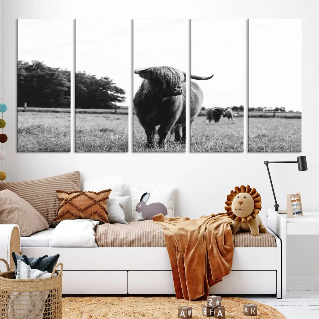 The Highland Cow Wall Art Canvas Print – Rustic Farmhouse Decor, ready to hang and split into three panels, adds charming rustic appeal.