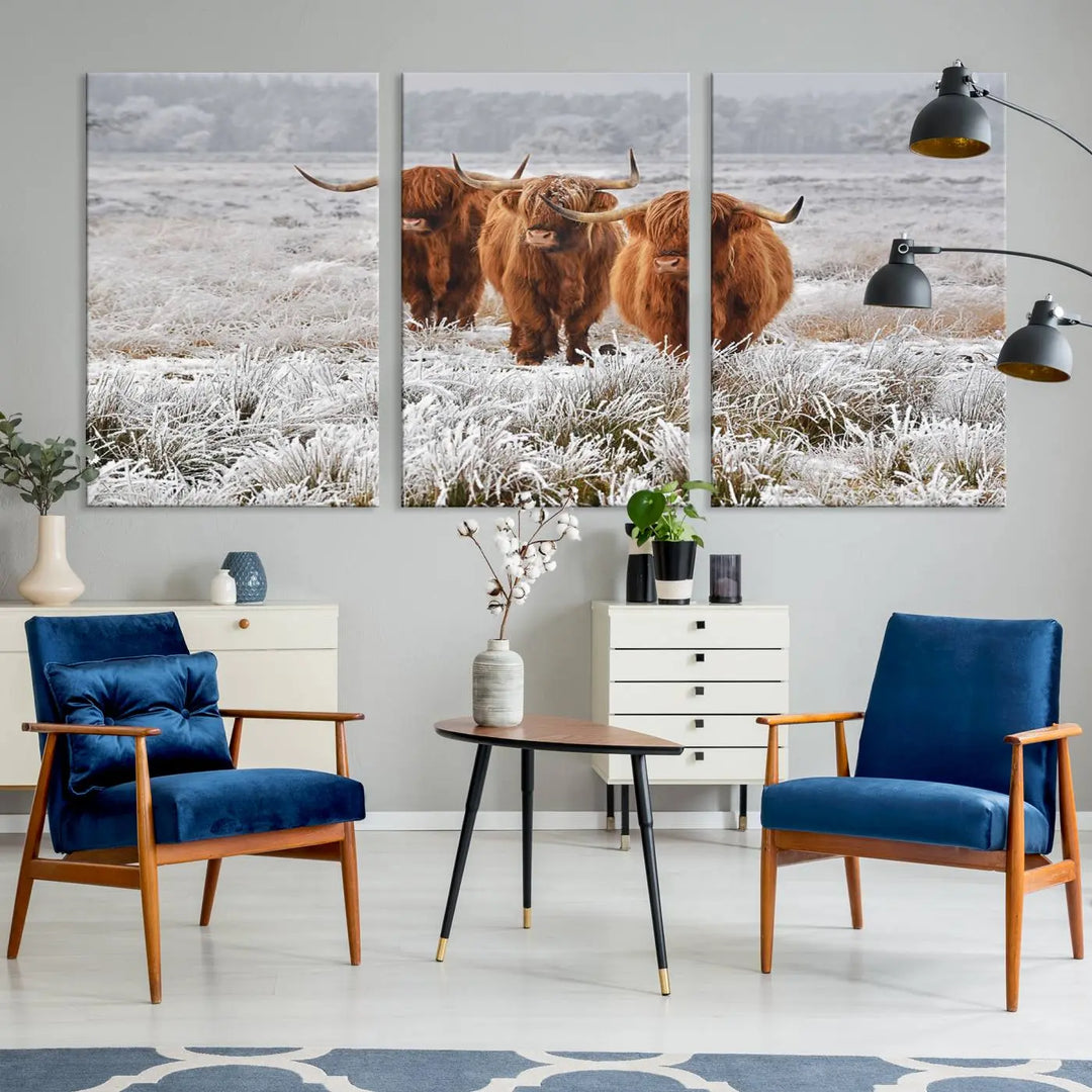 The "Highland Cows in Snow Canvas Art Highland Cattle Picture Art Farmhouse Art," featuring three highland cows walking through a frosty field, is printed on museum-quality canvas and gallery wrapped. It includes a UV-protective coating to ensure lasting beauty.