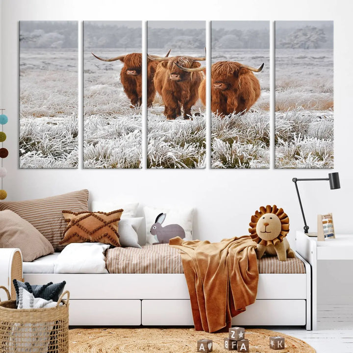 The "Highland Cows in Snow Canvas Art Highland Cattle Picture Art Farmhouse Art," featuring three highland cows walking through a frosty field, is printed on museum-quality canvas and gallery wrapped. It includes a UV-protective coating to ensure lasting beauty.