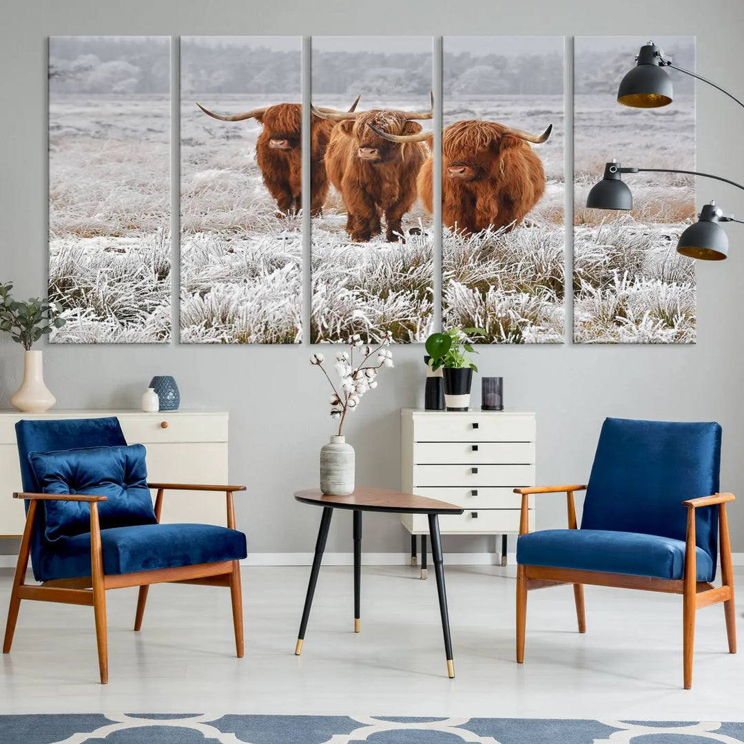 The "Highland Cows in Snow Canvas Art Highland Cattle Picture Art Farmhouse Art," featuring three highland cows walking through a frosty field, is printed on museum-quality canvas and gallery wrapped. It includes a UV-protective coating to ensure lasting beauty.