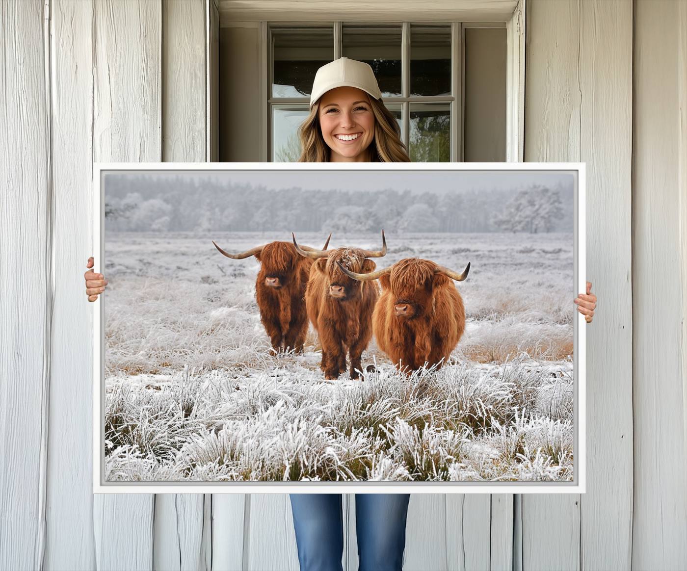 10396-MGV-CV-36X24-Highland Cows in Snow Canvas Art Print, Highland Cattle Picture Art Farmhouse Art