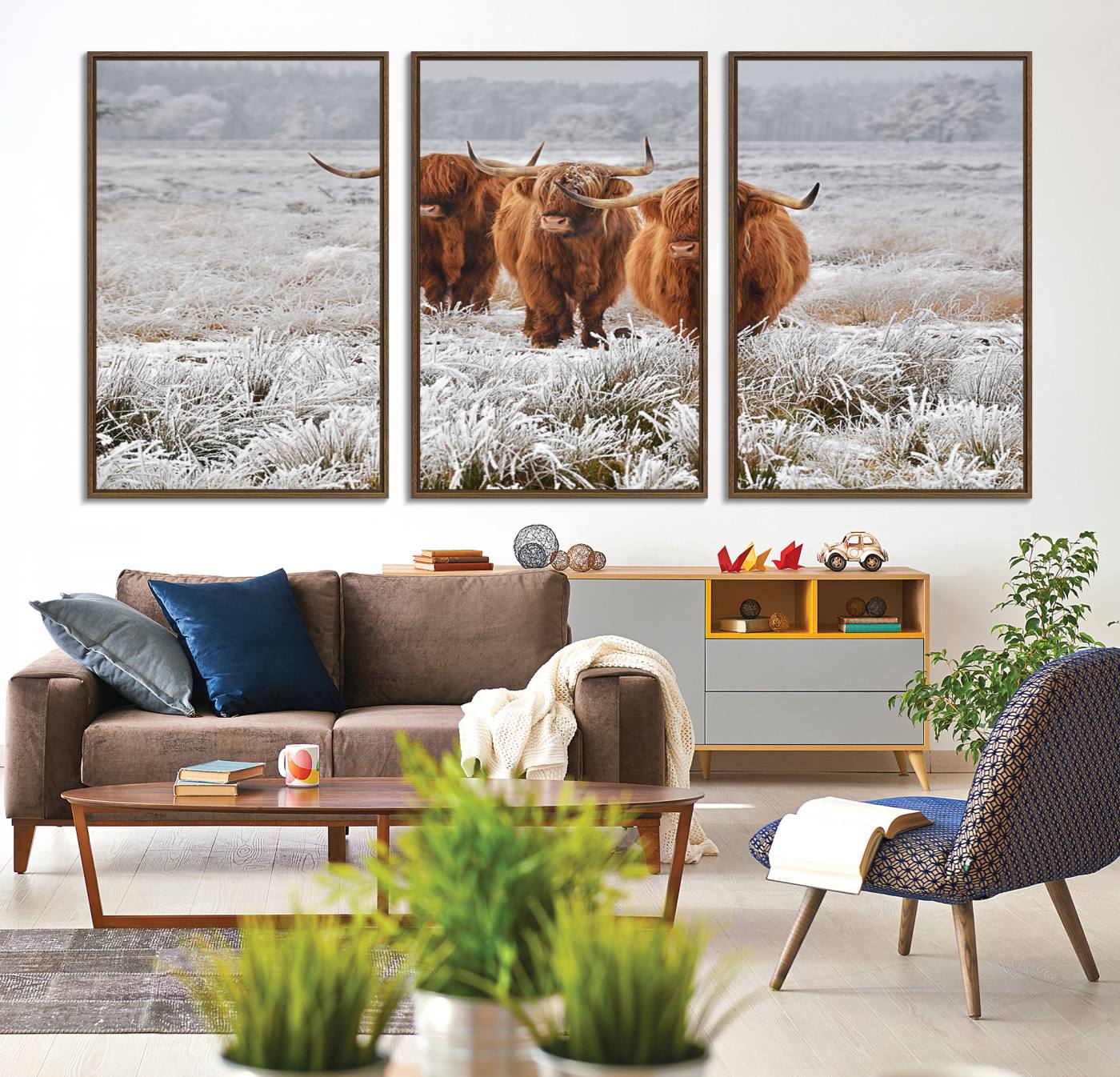 10396-MGV-CV-36X24-Highland Cows in Snow Canvas Art Print, Highland Cattle Picture Art Farmhouse Art