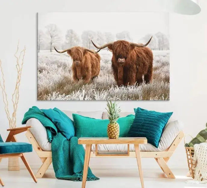 Highland Cows in Winter Canvas Wall Art – Rustic Farmhouse Triptych – Animal Photography Print for Living Room or Office – Ready to Hang