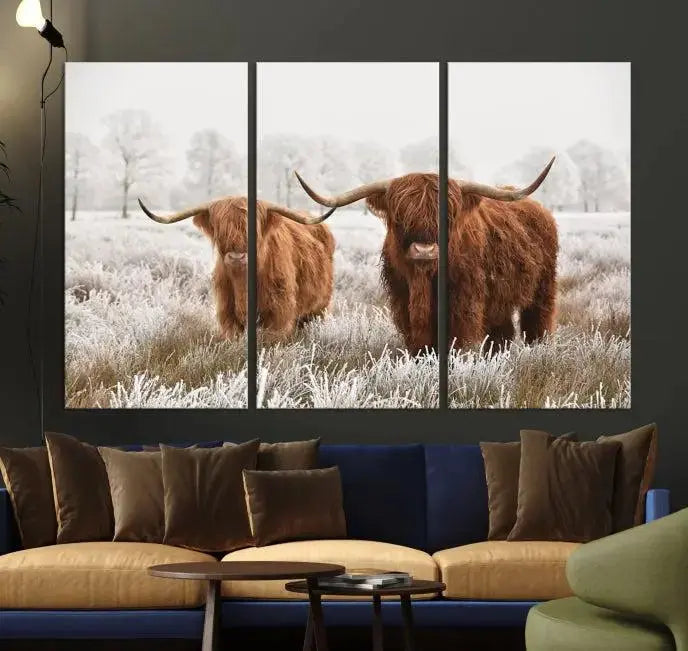 Highland Cows in Winter Canvas Wall Art – Rustic Farmhouse Triptych – Animal Photography Print for Living Room or Office – Ready to Hang