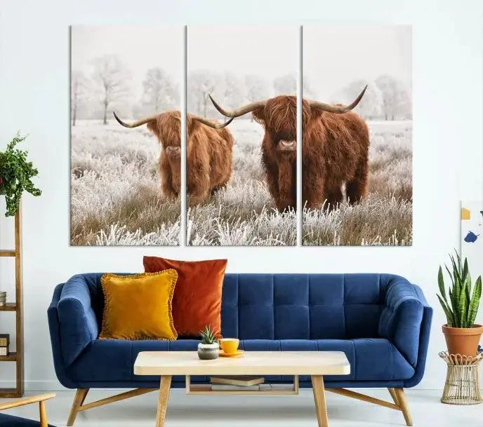 Highland Cows in Winter Canvas Wall Art – Rustic Farmhouse Triptych – Animal Photography Print for Living Room or Office – Ready to Hang