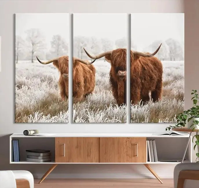 Highland Cows in Winter Canvas Wall Art – Rustic Farmhouse Triptych – Animal Photography Print for Living Room or Office – Ready to Hang