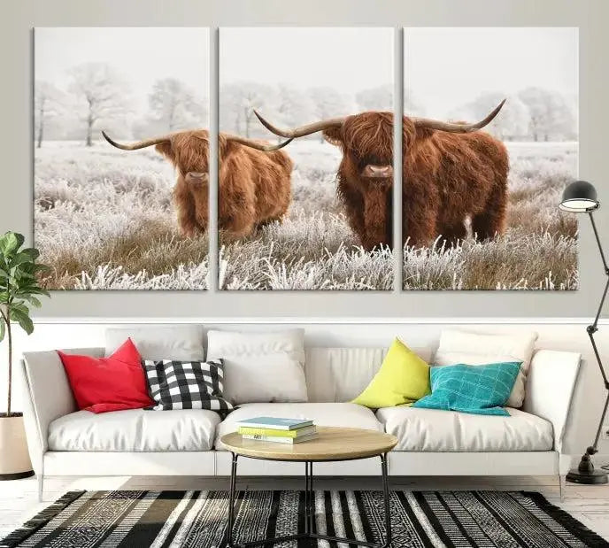 Highland Cows in Winter Canvas Wall Art – Rustic Farmhouse Triptych – Animal Photography Print for Living Room or Office – Ready to Hang