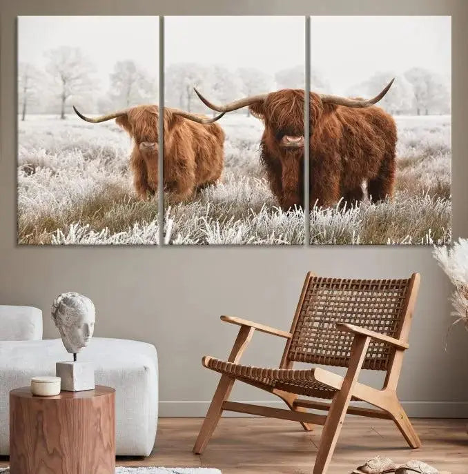 Highland Cows in Winter Canvas Wall Art – Rustic Farmhouse Triptych – Animal Photography Print for Living Room or Office – Ready to Hang