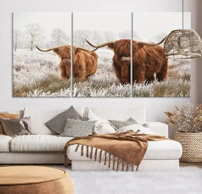 Highland Cows in Winter Canvas Wall Art – Rustic Farmhouse Triptych – Animal Photography Print for Living Room or Office – Ready to Hang