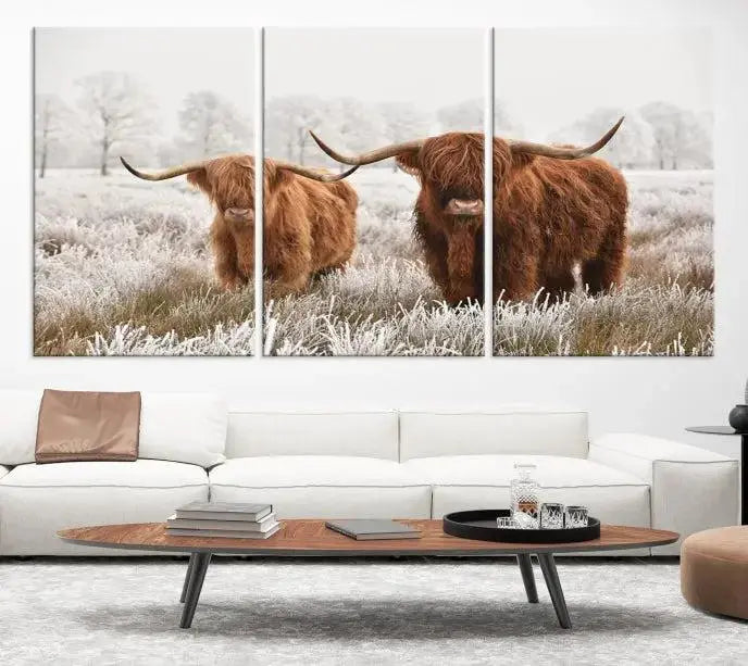 Highland Cows in Winter Canvas Wall Art – Rustic Farmhouse Triptych – Animal Photography Print for Living Room or Office – Ready to Hang