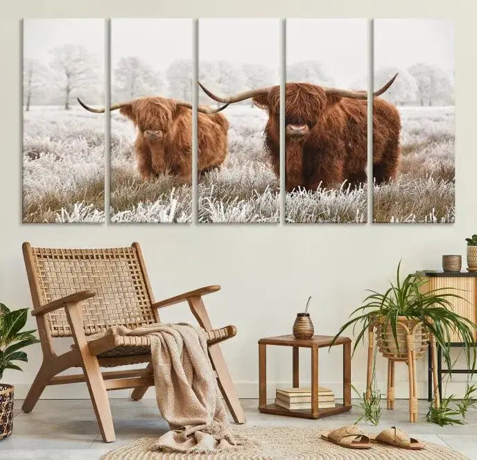 Highland Cows in Winter Canvas Wall Art – Rustic Farmhouse Triptych – Animal Photography Print for Living Room or Office – Ready to Hang