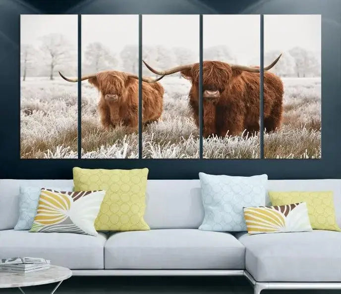 Highland Cows in Winter Canvas Wall Art – Rustic Farmhouse Triptych – Animal Photography Print for Living Room or Office – Ready to Hang