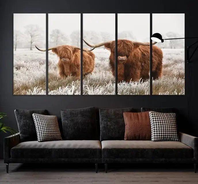 Highland Cows in Winter Canvas Wall Art – Rustic Farmhouse Triptych – Animal Photography Print for Living Room or Office – Ready to Hang