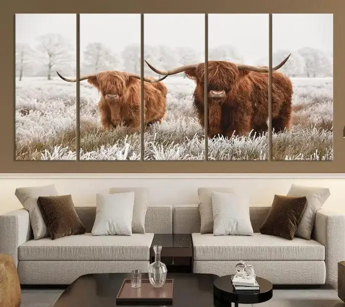 Highland Cows in Winter Canvas Wall Art – Rustic Farmhouse Triptych – Animal Photography Print for Living Room or Office – Ready to Hang