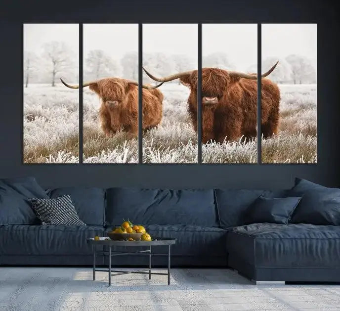 Highland Cows in Winter Canvas Wall Art – Rustic Farmhouse Triptych – Animal Photography Print for Living Room or Office – Ready to Hang