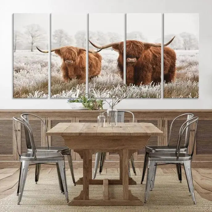 Highland Cows in Winter Canvas Wall Art – Rustic Farmhouse Triptych – Animal Photography Print for Living Room or Office – Ready to Hang