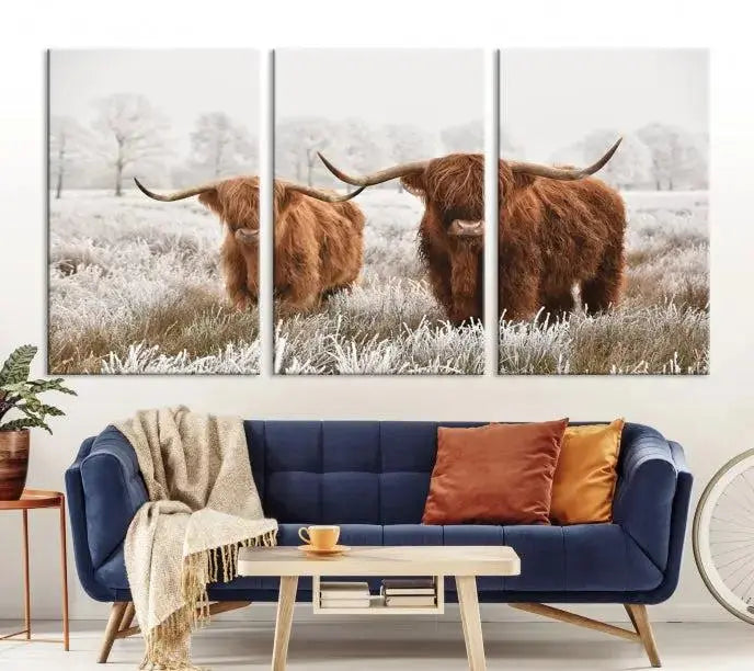 Highland Cows in Winter Canvas Wall Art – Rustic Farmhouse Triptych – Animal Photography Print for Living Room or Office – Ready to Hang