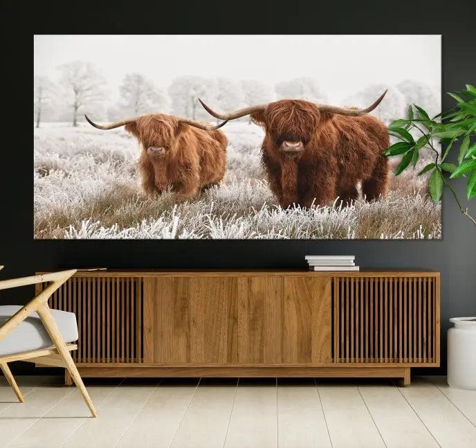 Highland Cows in Winter Canvas Wall Art – Rustic Farmhouse Triptych – Animal Photography Print for Living Room or Office – Ready to Hang