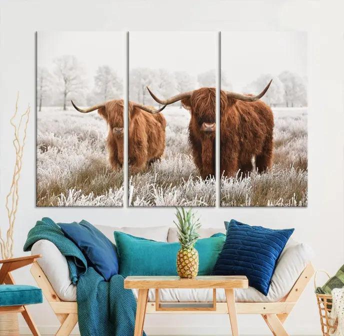 Highland Cows in Winter Canvas Wall Art – Rustic Farmhouse Triptych – Animal Photography Print for Living Room or Office – Ready to Hang