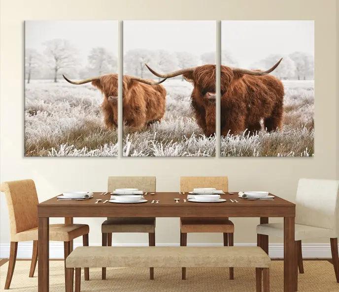 Highland Cows in Winter Canvas Wall Art – Rustic Farmhouse Triptych – Animal Photography Print for Living Room or Office – Ready to Hang