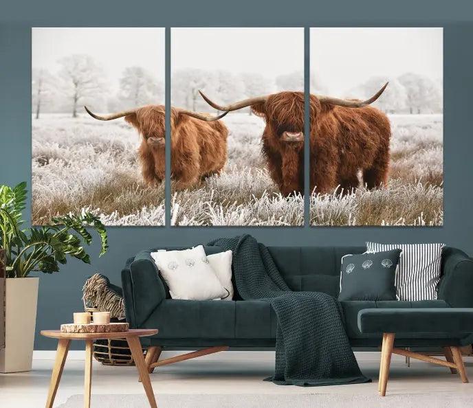 Highland Cows in Winter Canvas Wall Art – Rustic Farmhouse Triptych – Animal Photography Print for Living Room or Office – Ready to Hang