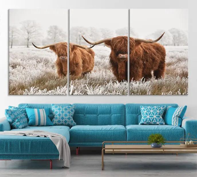 Highland Cows in Winter Canvas Wall Art – Rustic Farmhouse Triptych – Animal Photography Print for Living Room or Office – Ready to Hang