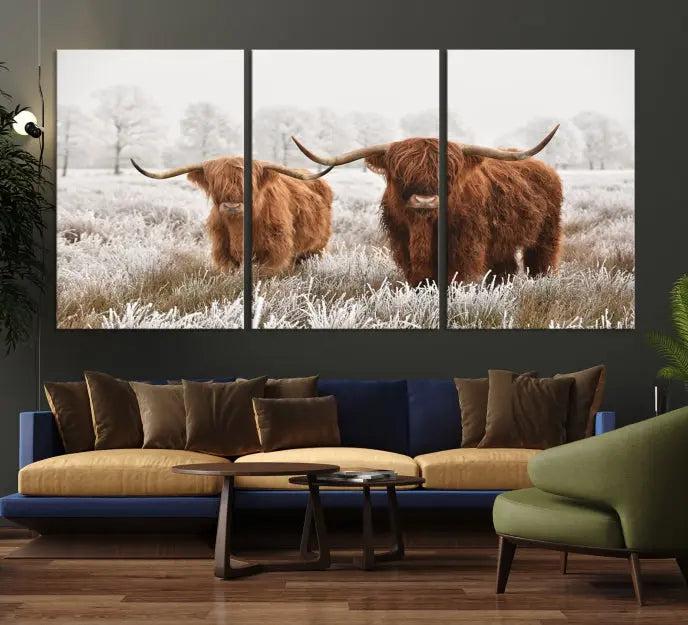 Highland Cows in Winter Canvas Wall Art – Rustic Farmhouse Triptych – Animal Photography Print for Living Room or Office – Ready to Hang