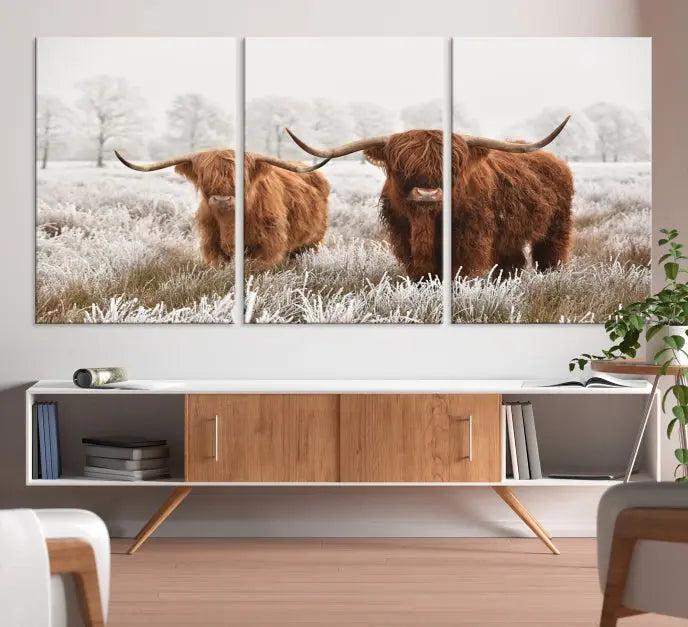 Highland Cows in Winter Canvas Wall Art – Rustic Farmhouse Triptych – Animal Photography Print for Living Room or Office – Ready to Hang