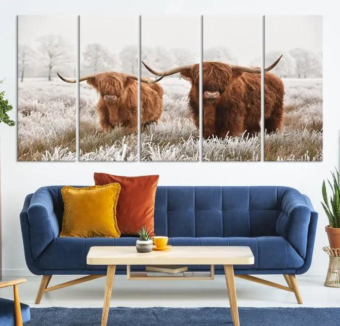 Highland Cows in Winter Canvas Wall Art – Rustic Farmhouse Triptych – Animal Photography Print for Living Room or Office – Ready to Hang