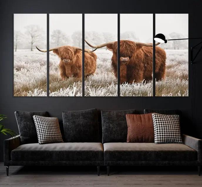 Highland Cows in Winter Canvas Wall Art – Rustic Farmhouse Triptych – Animal Photography Print for Living Room or Office – Ready to Hang