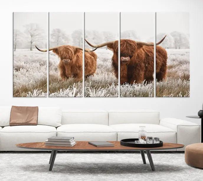 Highland Cows in Winter Canvas Wall Art – Rustic Farmhouse Triptych – Animal Photography Print for Living Room or Office – Ready to Hang