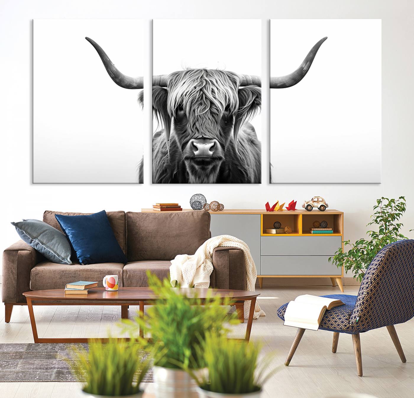 49556-MGV-CV-60X30-3P-Highland Wall Art Canvas Print – Minimalist Black and White Farmhouse Décor, Ready to Hang