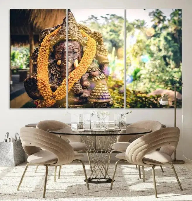 A set of three panels depicting the Hindu deity Lord Ganesha, embellished with a yellow garland, gracefully decorates a wall. This gallery-wrapped artwork, known as the Hinduism Statue Wall Art Canvas Print, is meticulously crafted on museum-quality canvas for an exquisite finish.