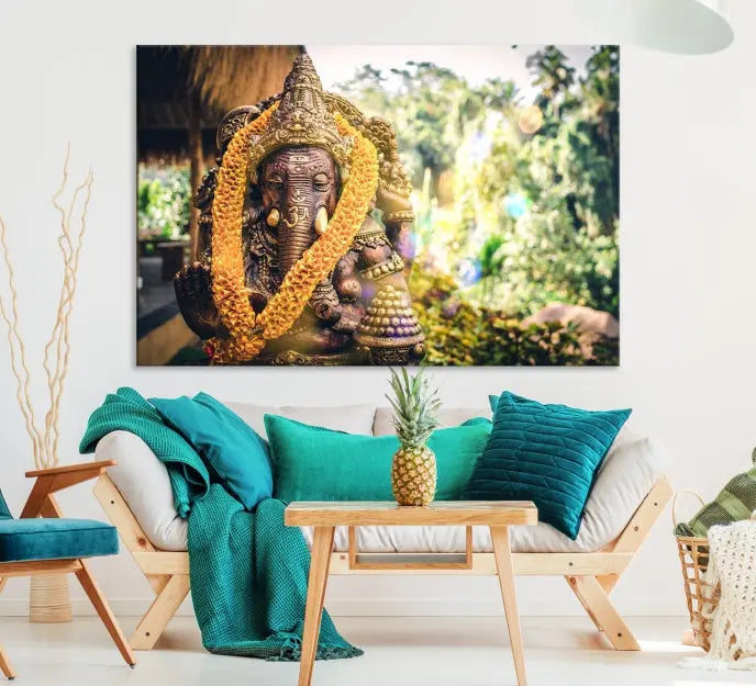 A set of three panels depicting the Hindu deity Lord Ganesha, embellished with a yellow garland, gracefully decorates a wall. This gallery-wrapped artwork, known as the Hinduism Statue Wall Art Canvas Print, is meticulously crafted on museum-quality canvas for an exquisite finish.