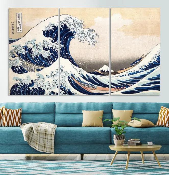 A triptych canvas print titled "Hokusai: The Breaking Wave off Kanagawa" in traditional Japanese style is elegantly displayed on museum-quality canvases with a UV-protective coating. Its blue and white hues are gallery wrapped, creating an artistic focal point.