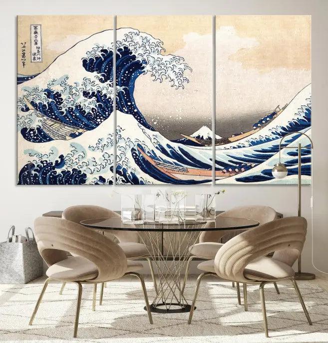 A triptych canvas print titled "Hokusai: The Breaking Wave off Kanagawa" in traditional Japanese style is elegantly displayed on museum-quality canvases with a UV-protective coating. Its blue and white hues are gallery wrapped, creating an artistic focal point.