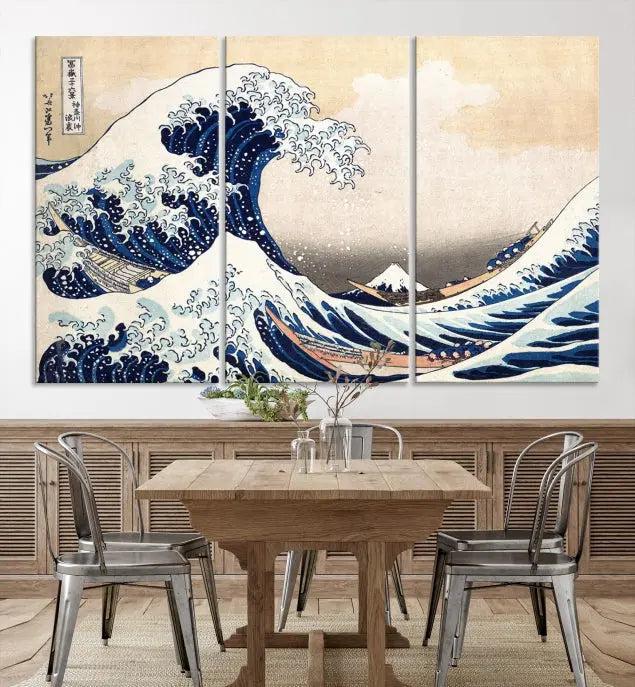 A triptych canvas print titled "Hokusai: The Breaking Wave off Kanagawa" in traditional Japanese style is elegantly displayed on museum-quality canvases with a UV-protective coating. Its blue and white hues are gallery wrapped, creating an artistic focal point.