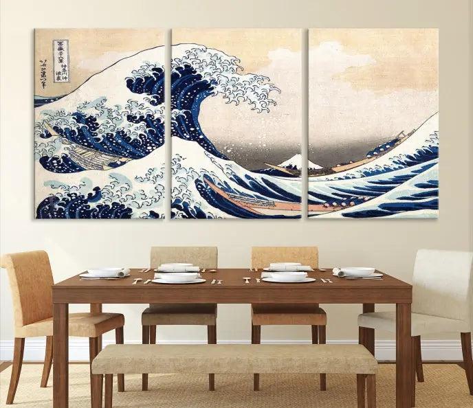 A triptych canvas print titled "Hokusai: The Breaking Wave off Kanagawa" in traditional Japanese style is elegantly displayed on museum-quality canvases with a UV-protective coating. Its blue and white hues are gallery wrapped, creating an artistic focal point.