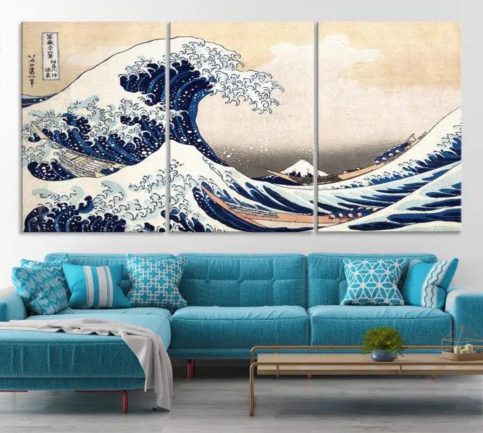 A triptych canvas print titled "Hokusai: The Breaking Wave off Kanagawa" in traditional Japanese style is elegantly displayed on museum-quality canvases with a UV-protective coating. Its blue and white hues are gallery wrapped, creating an artistic focal point.