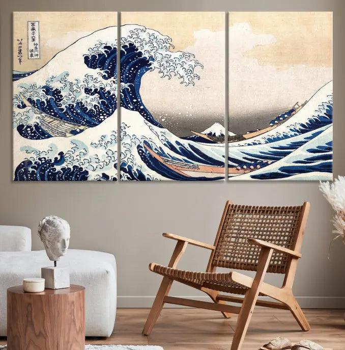 A triptych canvas print titled "Hokusai: The Breaking Wave off Kanagawa" in traditional Japanese style is elegantly displayed on museum-quality canvases with a UV-protective coating. Its blue and white hues are gallery wrapped, creating an artistic focal point.