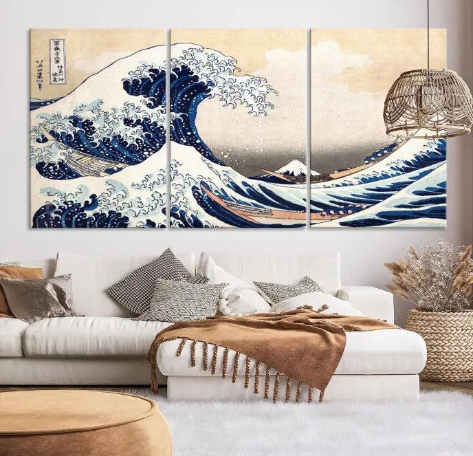 A triptych canvas print titled "Hokusai: The Breaking Wave off Kanagawa" in traditional Japanese style is elegantly displayed on museum-quality canvases with a UV-protective coating. Its blue and white hues are gallery wrapped, creating an artistic focal point.