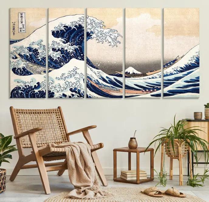 A triptych canvas print titled "Hokusai: The Breaking Wave off Kanagawa" in traditional Japanese style is elegantly displayed on museum-quality canvases with a UV-protective coating. Its blue and white hues are gallery wrapped, creating an artistic focal point.