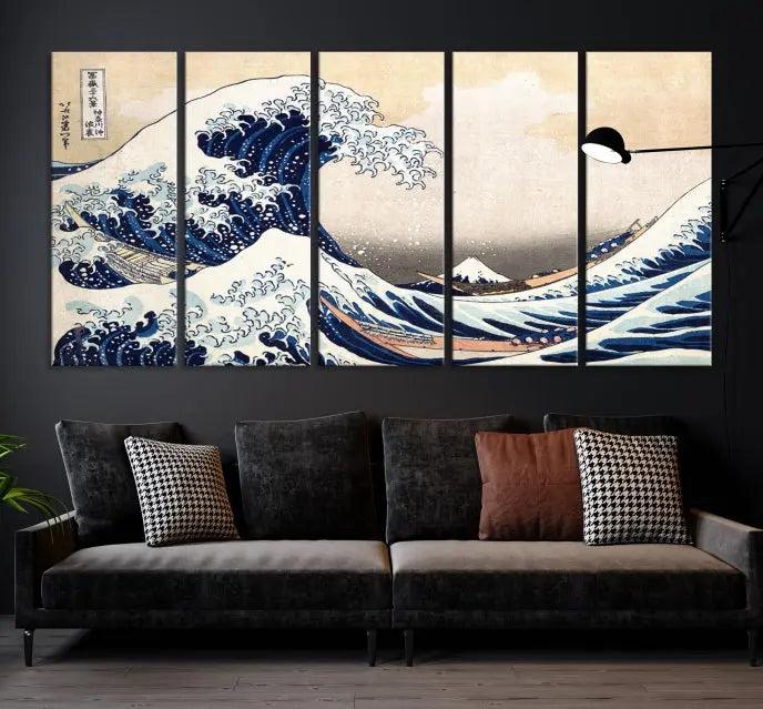 A triptych canvas print titled "Hokusai: The Breaking Wave off Kanagawa" in traditional Japanese style is elegantly displayed on museum-quality canvases with a UV-protective coating. Its blue and white hues are gallery wrapped, creating an artistic focal point.