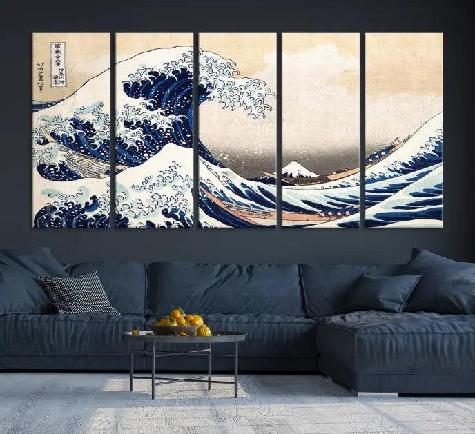 A triptych canvas print titled "Hokusai: The Breaking Wave off Kanagawa" in traditional Japanese style is elegantly displayed on museum-quality canvases with a UV-protective coating. Its blue and white hues are gallery wrapped, creating an artistic focal point.