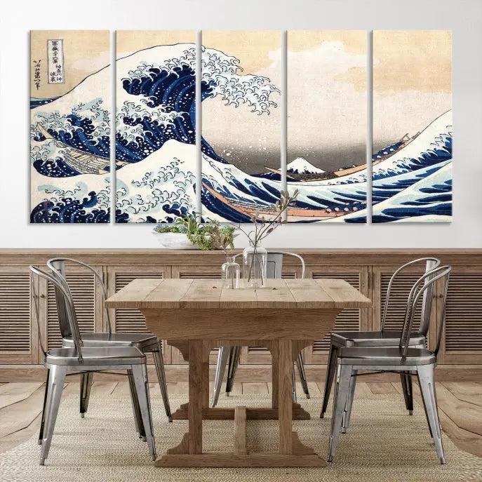 A triptych canvas print titled "Hokusai: The Breaking Wave off Kanagawa" in traditional Japanese style is elegantly displayed on museum-quality canvases with a UV-protective coating. Its blue and white hues are gallery wrapped, creating an artistic focal point.